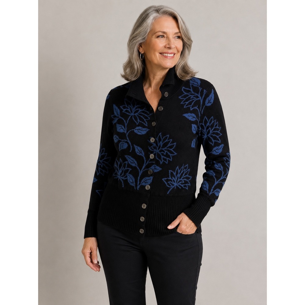 Neve 100% Wool Cardigan Sweater Black Blue Floral Button Up Mock Neck Womens Sm